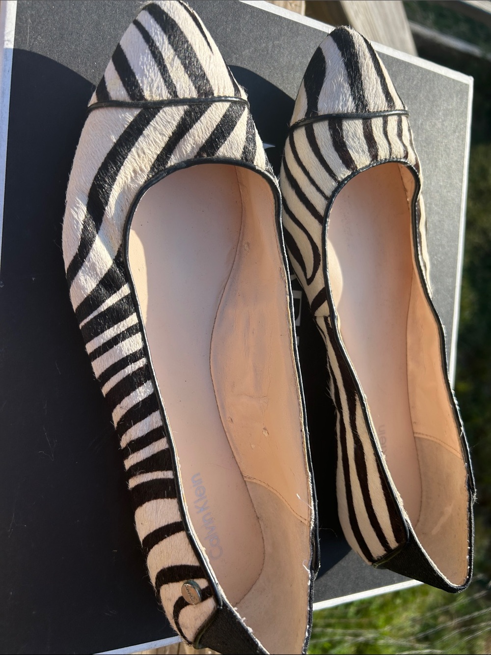 Calvin Klein Black and White Zebra-Print Pointed Toe Flats